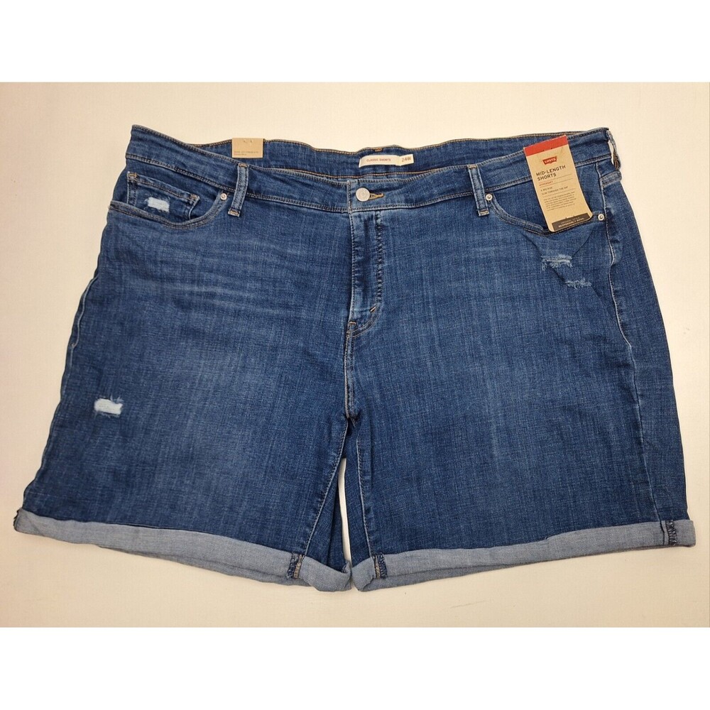 Levi's Denim Shorts Mid Rise Mid Length Distressed Cuffed Plus Women's Sz 24W